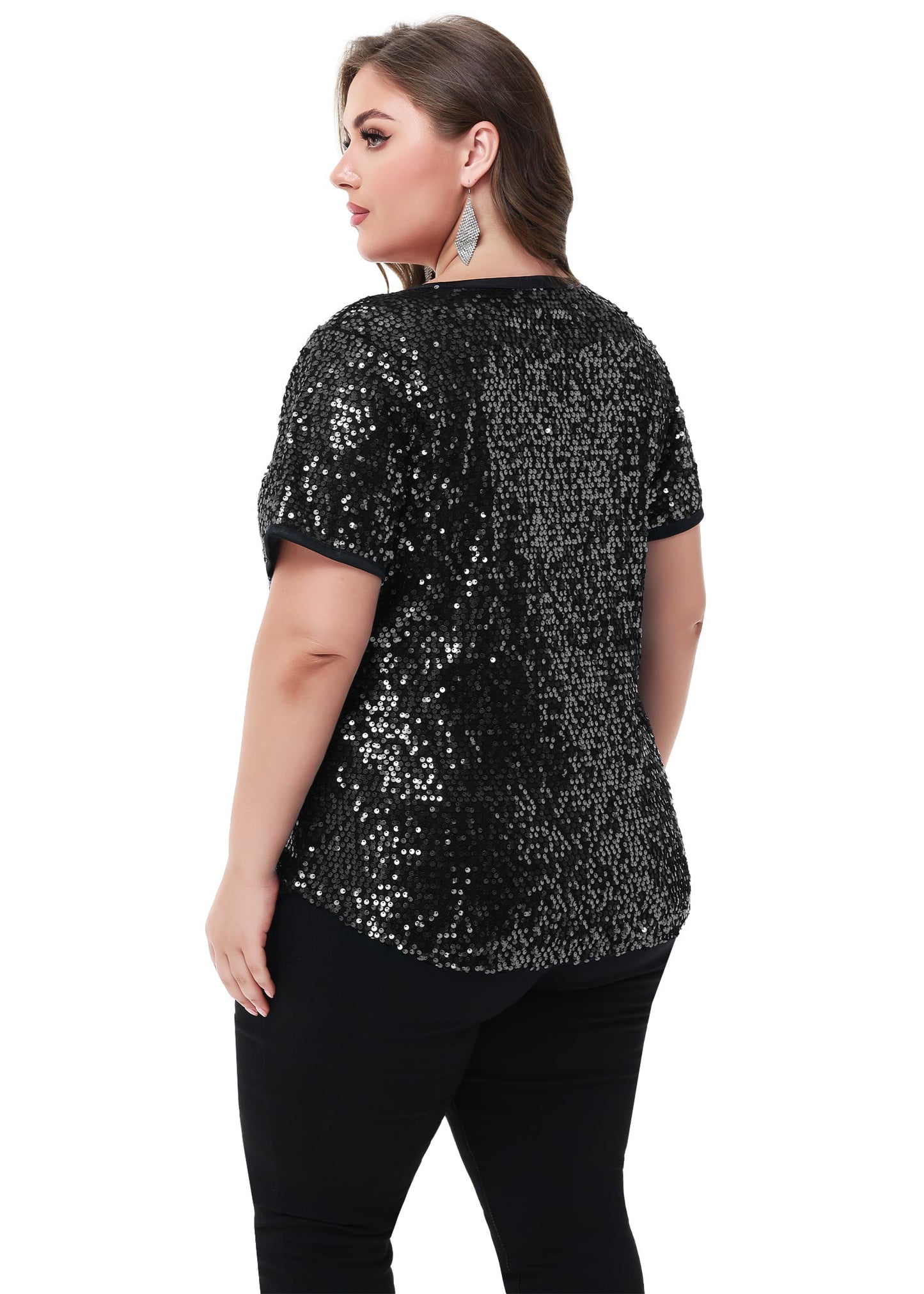 Women's Sequin Tops Plus Size Round Neck Sparkle Glitter Short Sleeve Party Tunic Blouse