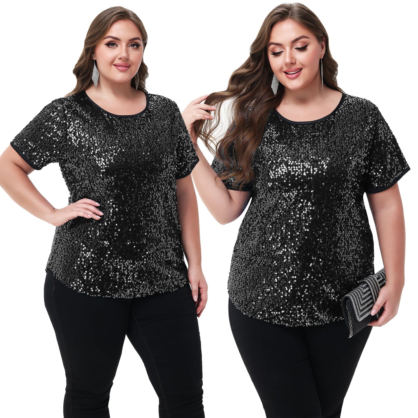 Women's Sequin Tops Plus Size Round Neck Sparkle Glitter Short Sleeve Party Tunic Blouse