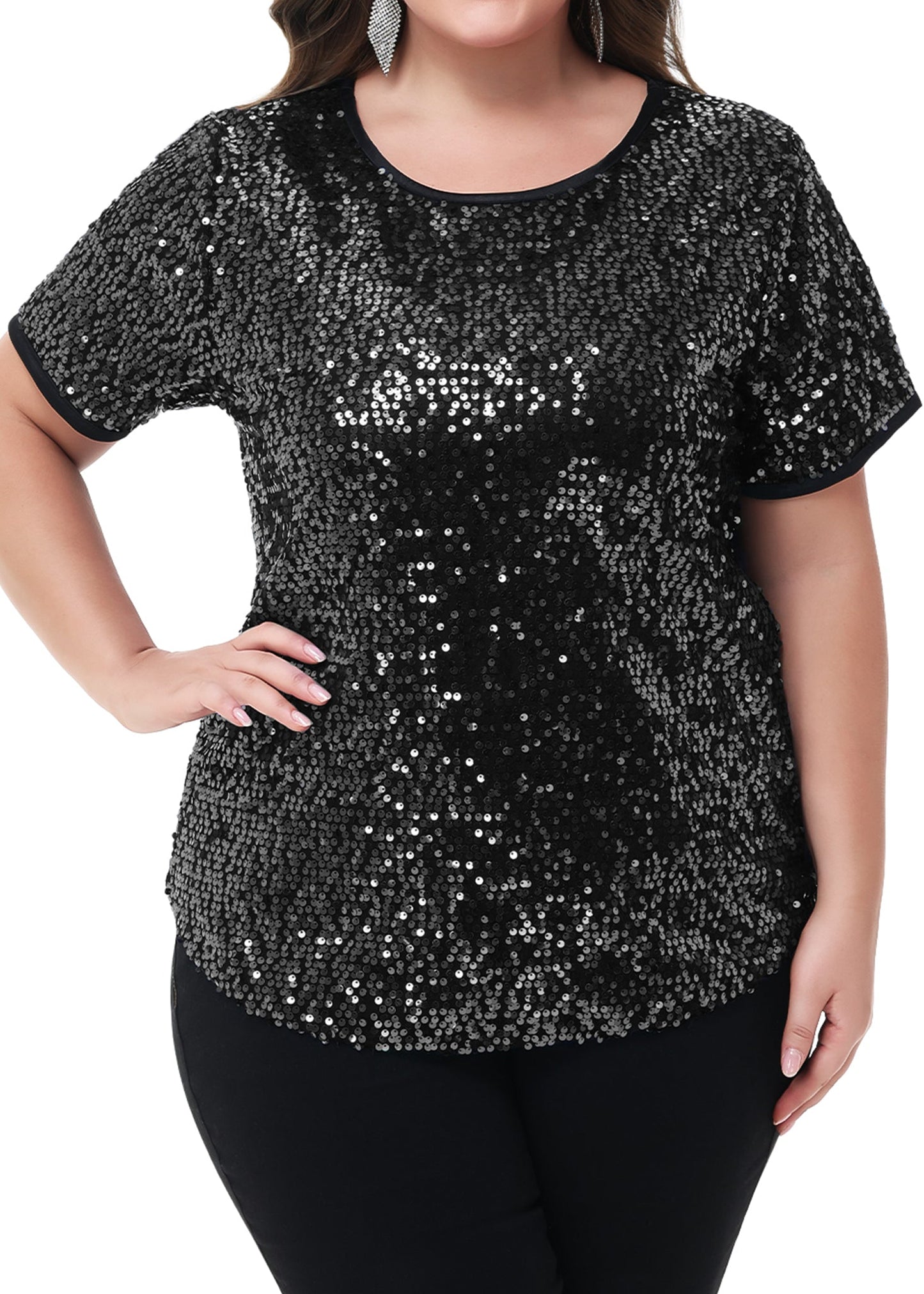 Women's Sequin Tops Plus Size Round Neck Sparkle Glitter Short Sleeve Party Tunic Blouse