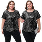 Women's Sequin Tops Plus Size Round Neck Sparkle Glitter Short Sleeve Party Tunic Blouse