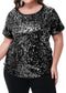 Women's Sequin Tops Plus Size Round Neck Sparkle Glitter Short Sleeve Party Tunic Blouse