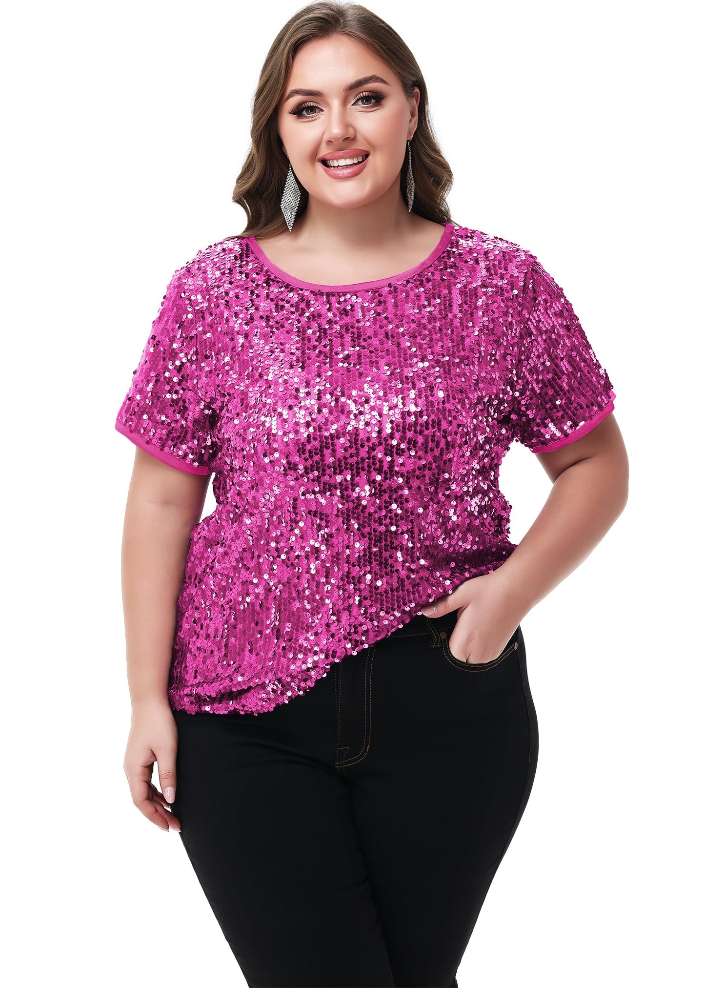 Women's Sequin Tops Plus Size Round Neck Sparkle Glitter Short Sleeve Party Tunic Blouse