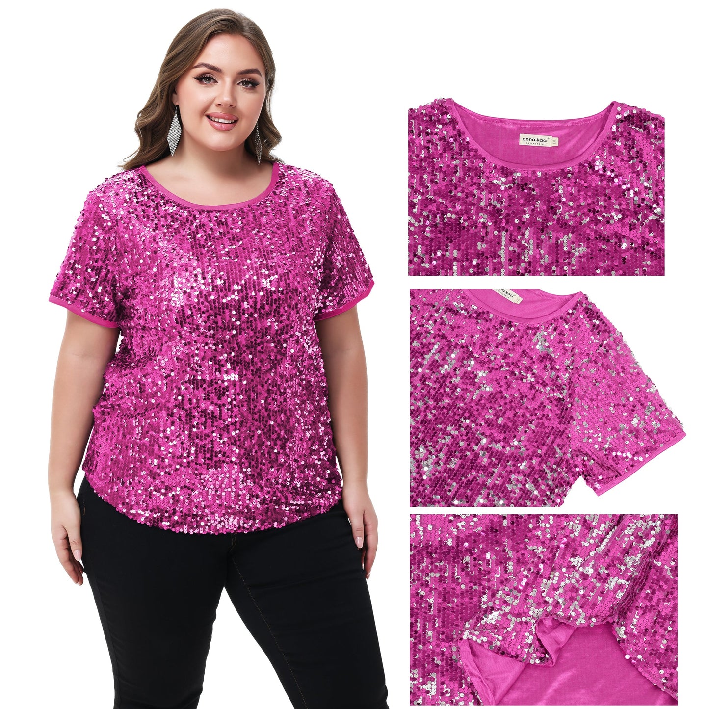 Women's Sequin Tops Plus Size Round Neck Sparkle Glitter Short Sleeve Party Tunic Blouse