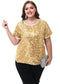 Women's Sequin Tops Plus Size Round Neck Sparkle Glitter Short Sleeve Party Tunic Blouse