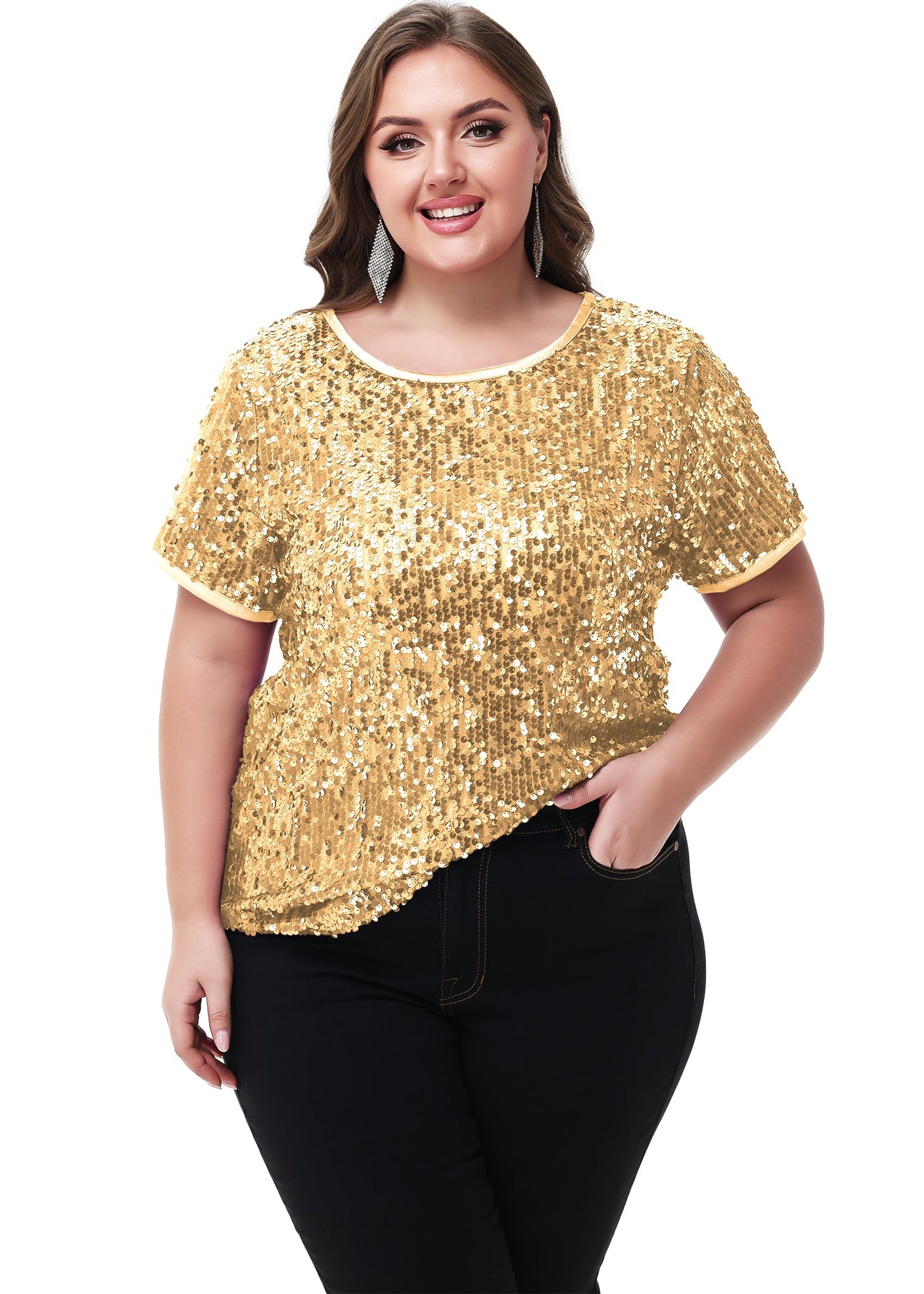 Women's Sequin Tops Plus Size Round Neck Sparkle Glitter Short Sleeve Party Tunic Blouse