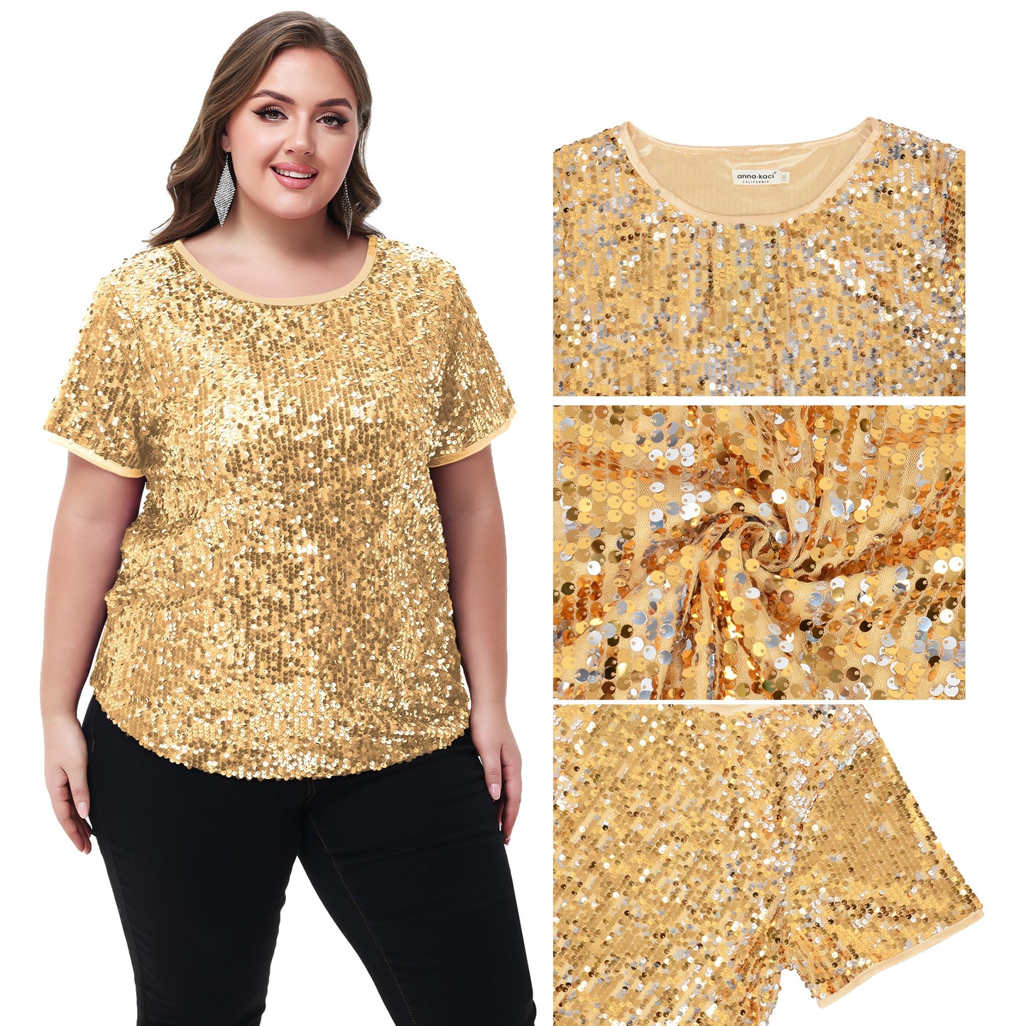 Women's Sequin Tops Plus Size Round Neck Sparkle Glitter Short Sleeve Party Tunic Blouse