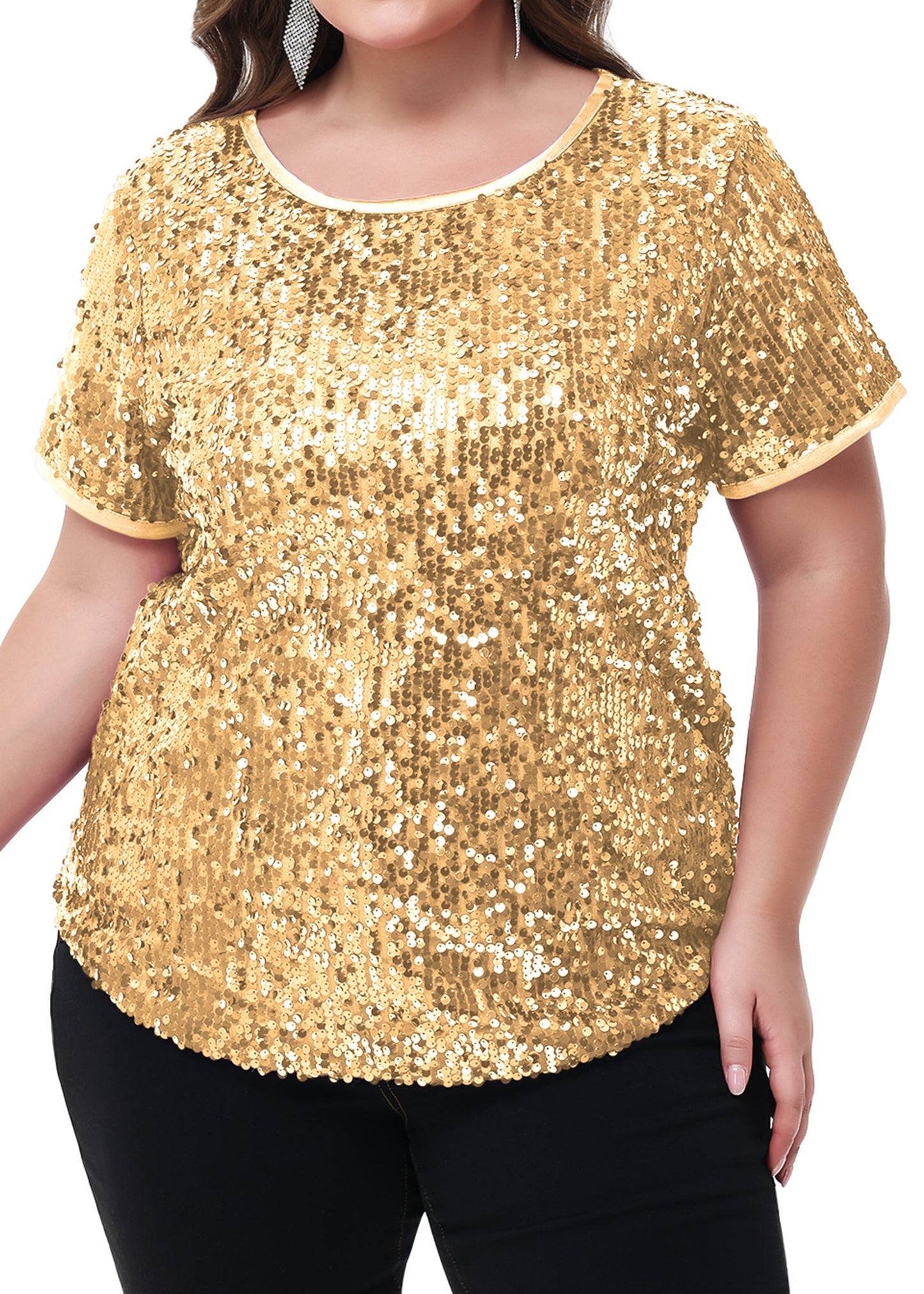 Women's Sequin Tops Plus Size Round Neck Sparkle Glitter Short Sleeve Party Tunic Blouse