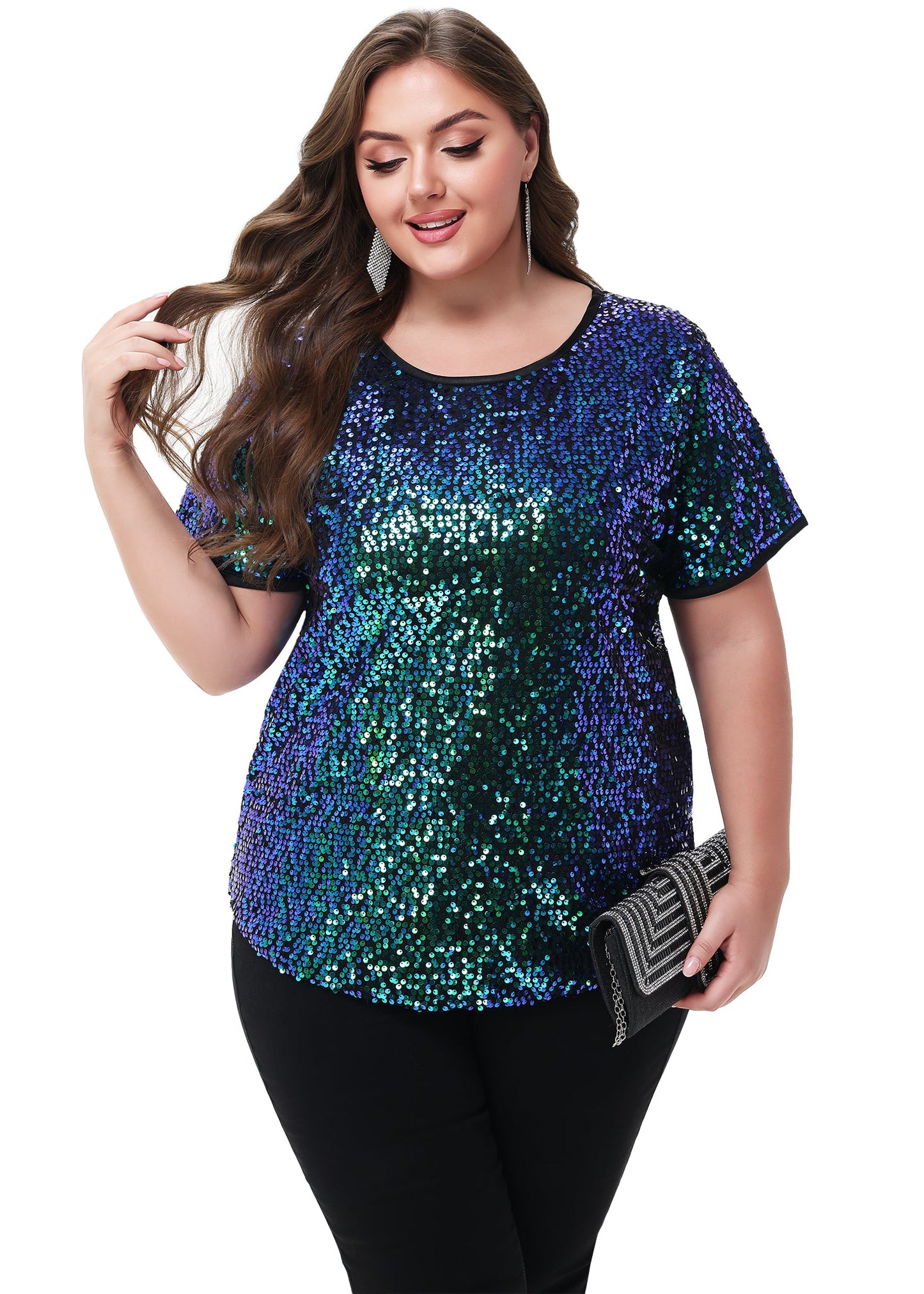 Women's Sequin Tops Plus Size Round Neck Sparkle Glitter Short Sleeve Party Tunic Blouse