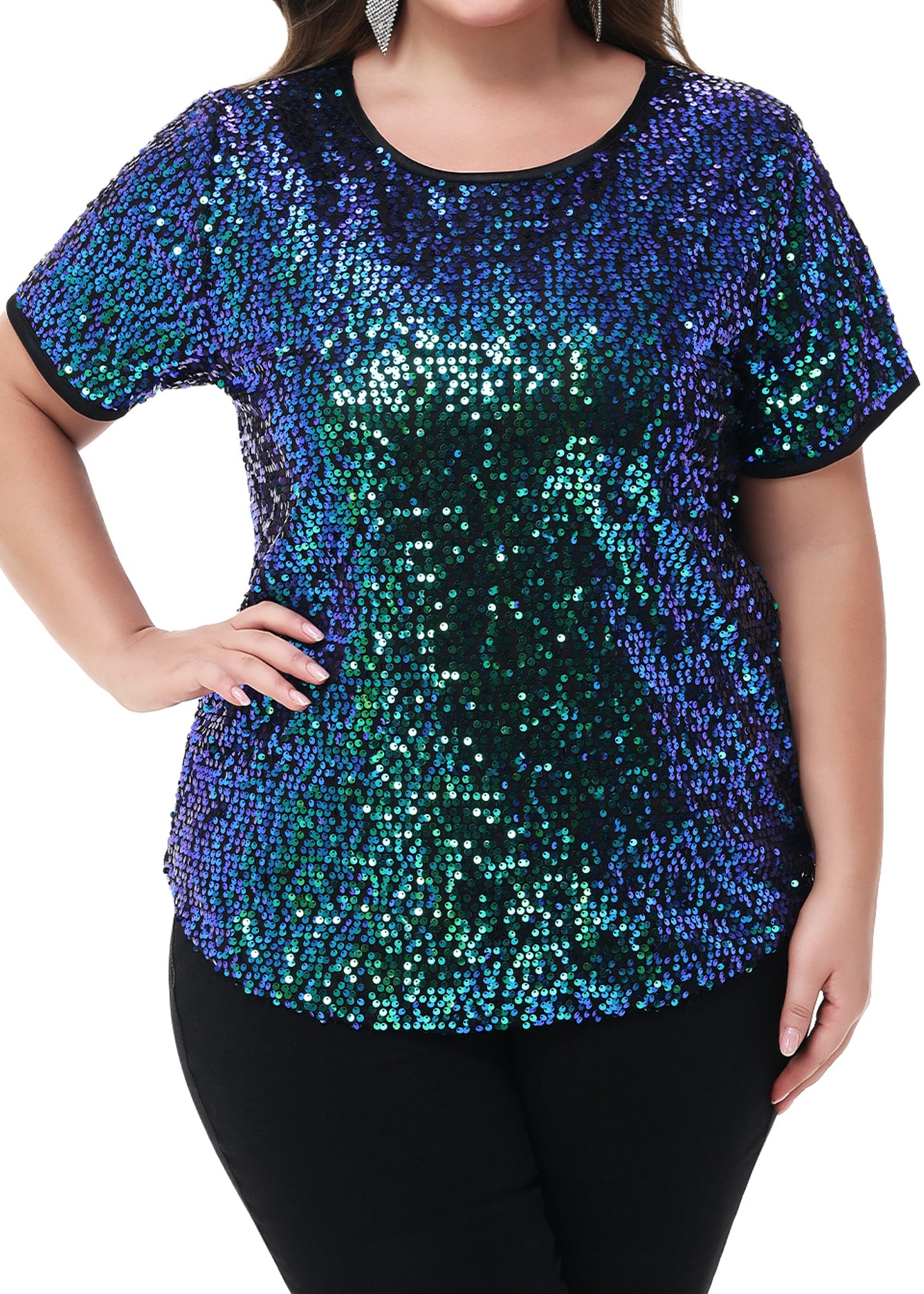 Women's Sequin Tops Plus Size Round Neck Sparkle Glitter Short Sleeve Party Tunic Blouse