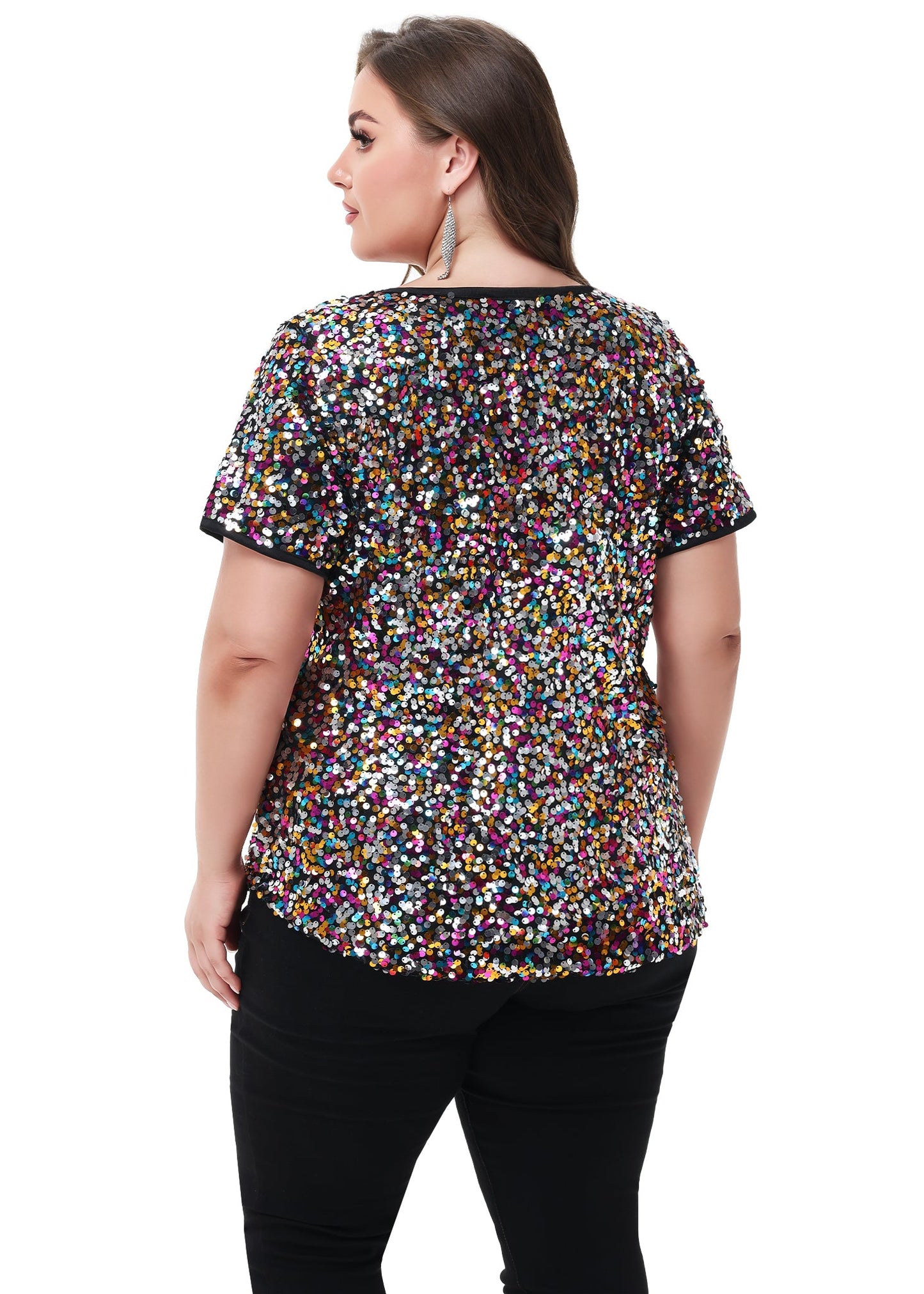 Women's Sequin Tops Plus Size Round Neck Sparkle Glitter Short Sleeve Party Tunic Blouse