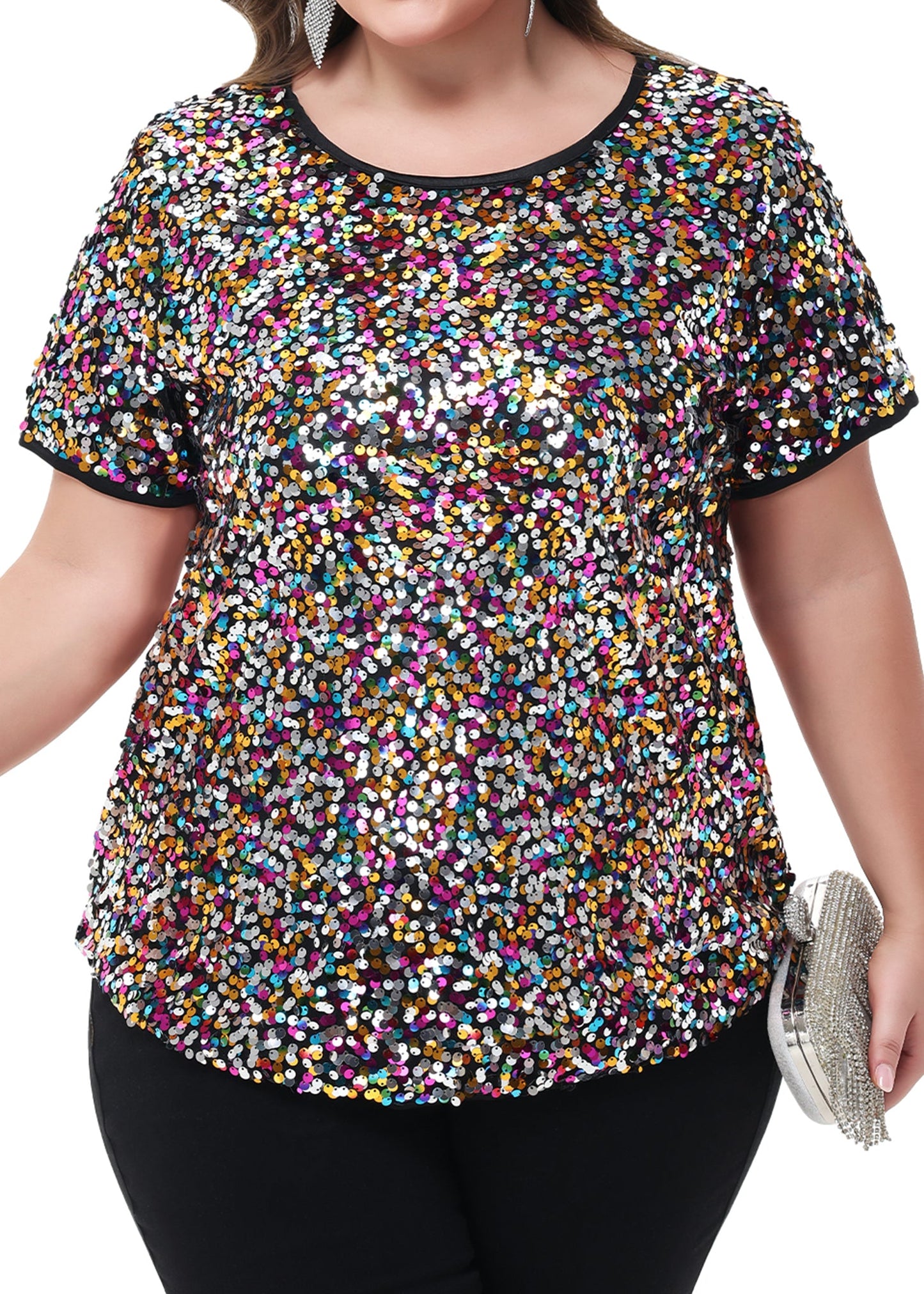 Women's Sequin Tops Plus Size Round Neck Sparkle Glitter Short Sleeve Party Tunic Blouse