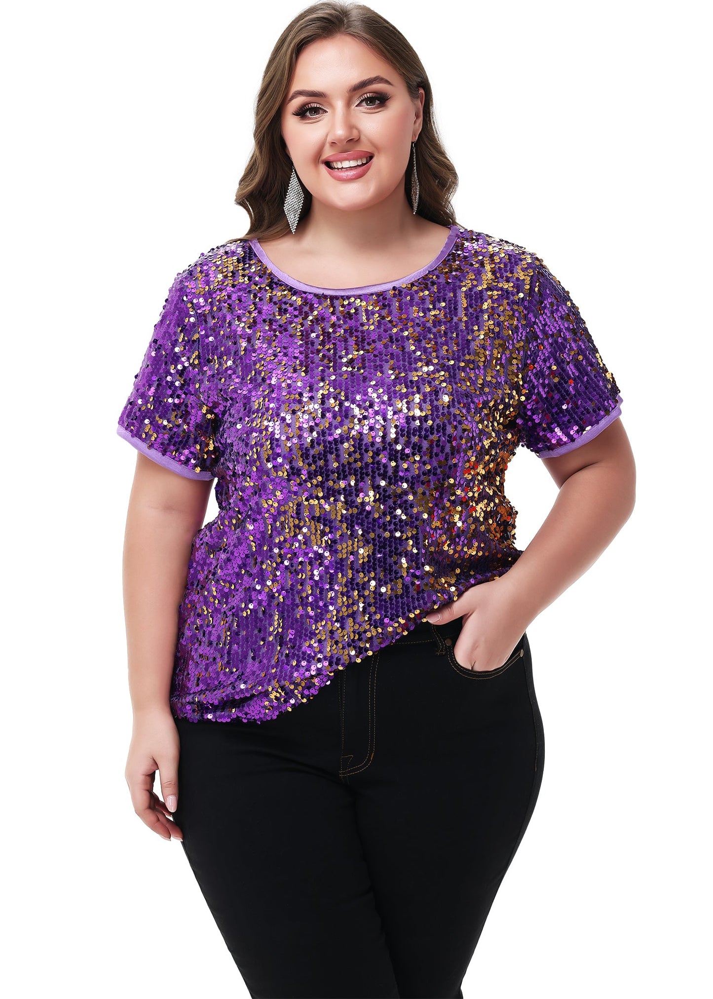 Women's Sequin Tops Plus Size Round Neck Sparkle Glitter Short Sleeve Party Tunic Blouse