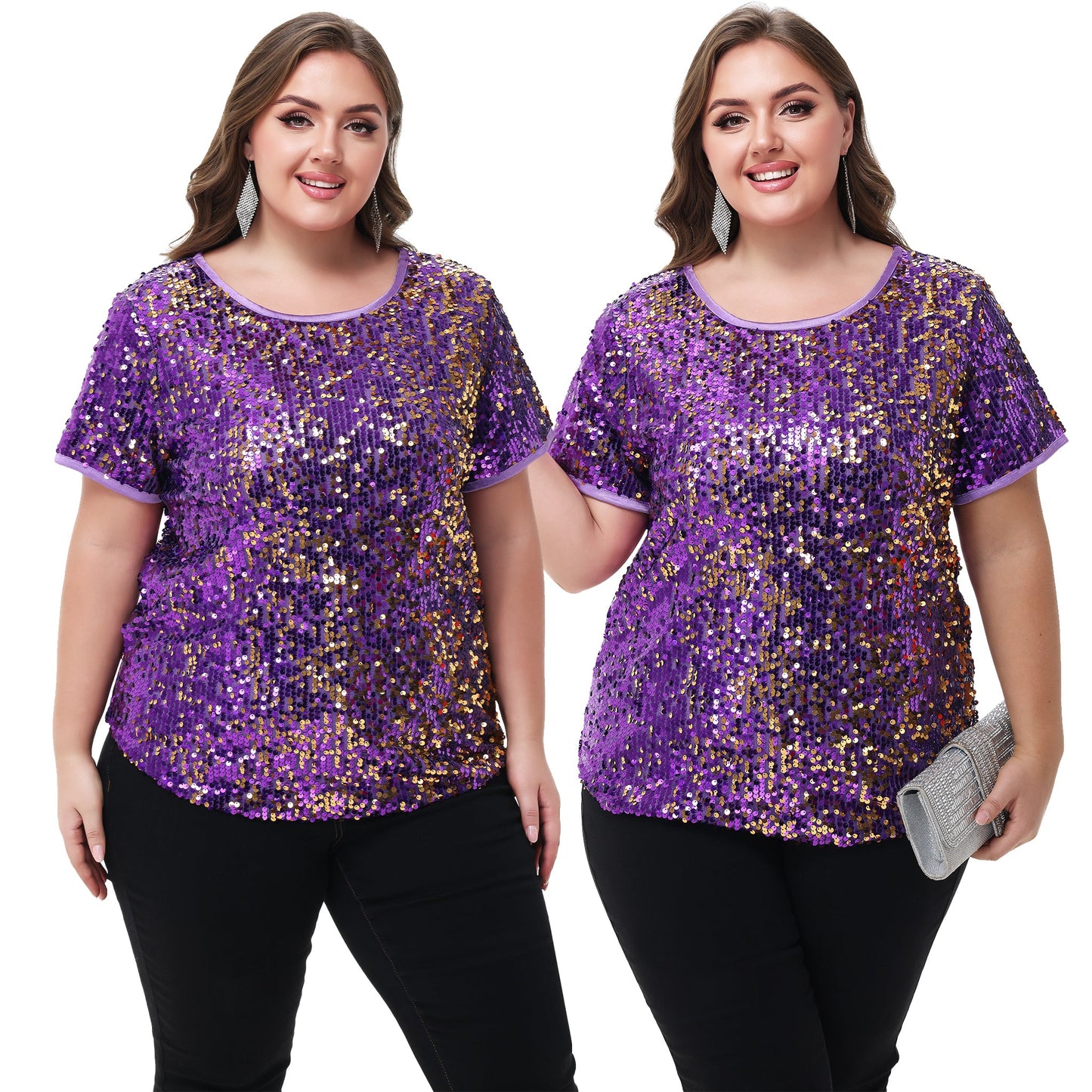 Women's Sequin Tops Plus Size Round Neck Sparkle Glitter Short Sleeve Party Tunic Blouse