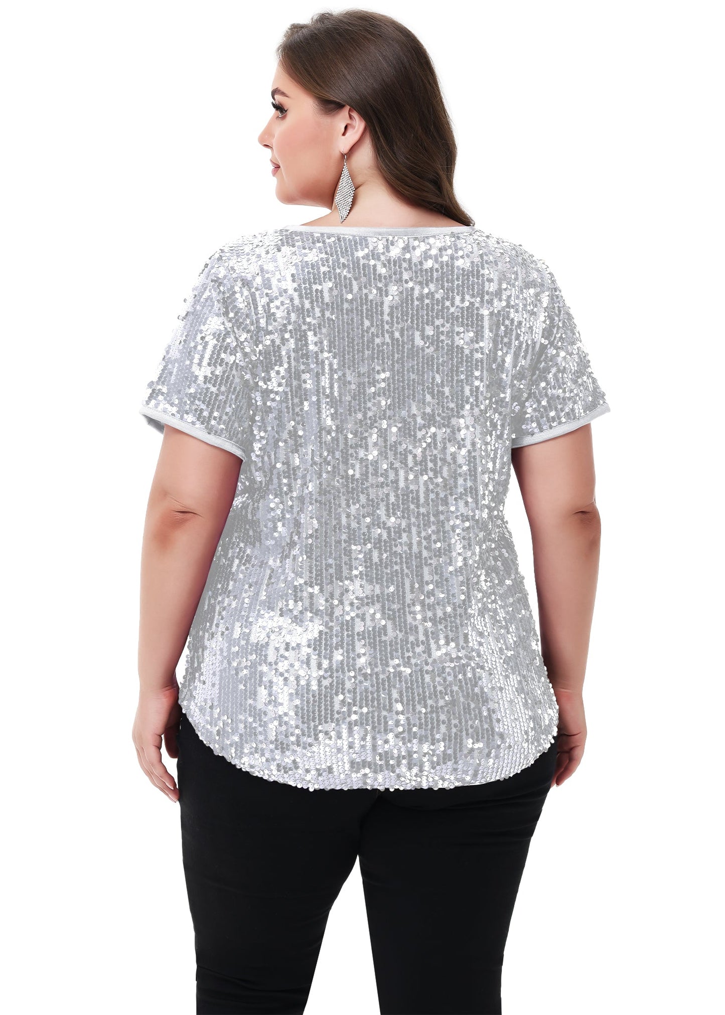 Women's Sequin Tops Plus Size Round Neck Sparkle Glitter Short Sleeve Party Tunic Blouse