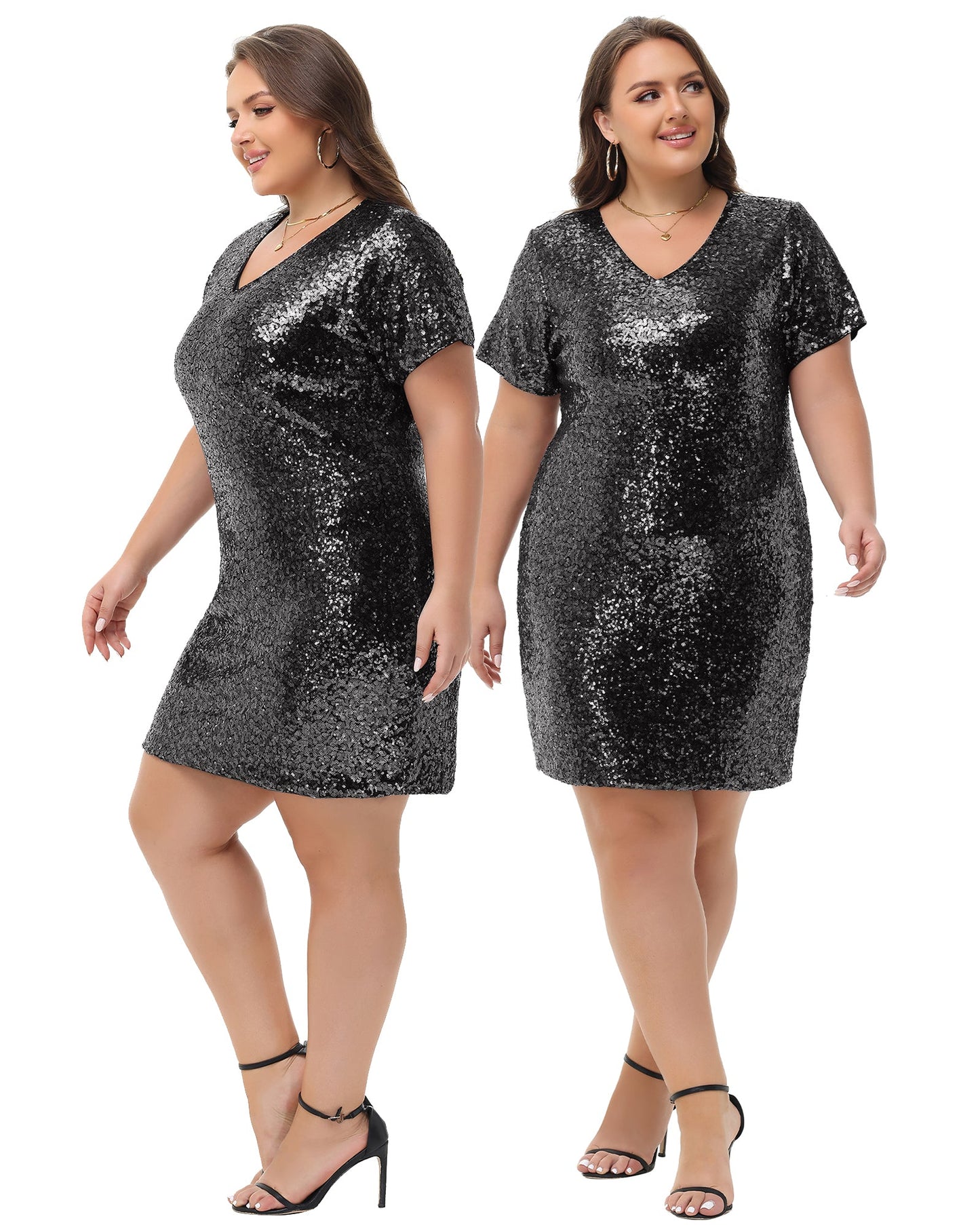 Anna-Kaci Women's Plus Size Short Sleeve Sequin Dresses V Neck T Shirt Shift Sparkle Dress