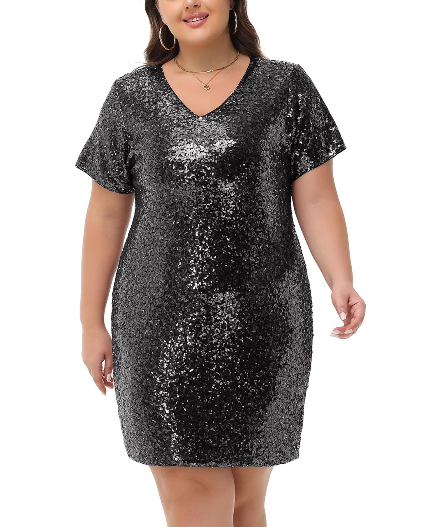 Anna-Kaci Women's Plus Size Short Sleeve Sequin Dresses V Neck T Shirt Shift Sparkle Dress