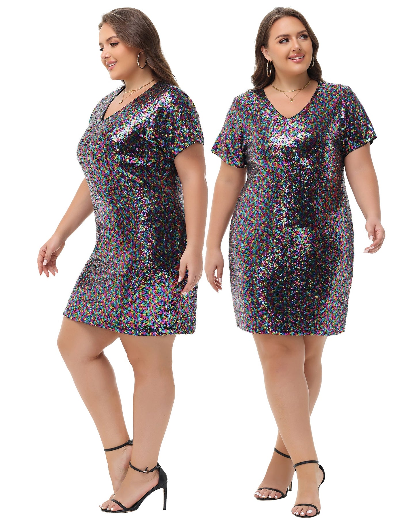 Anna-Kaci Women's Plus Size Short Sleeve Sequin Dresses V Neck T Shirt Shift Sparkle Dress