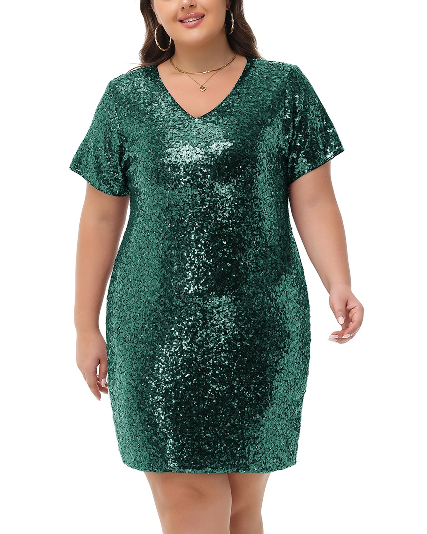 Anna-Kaci Women's Plus Size Short Sleeve Sequin Dresses V Neck T Shirt Shift Sparkle Dress