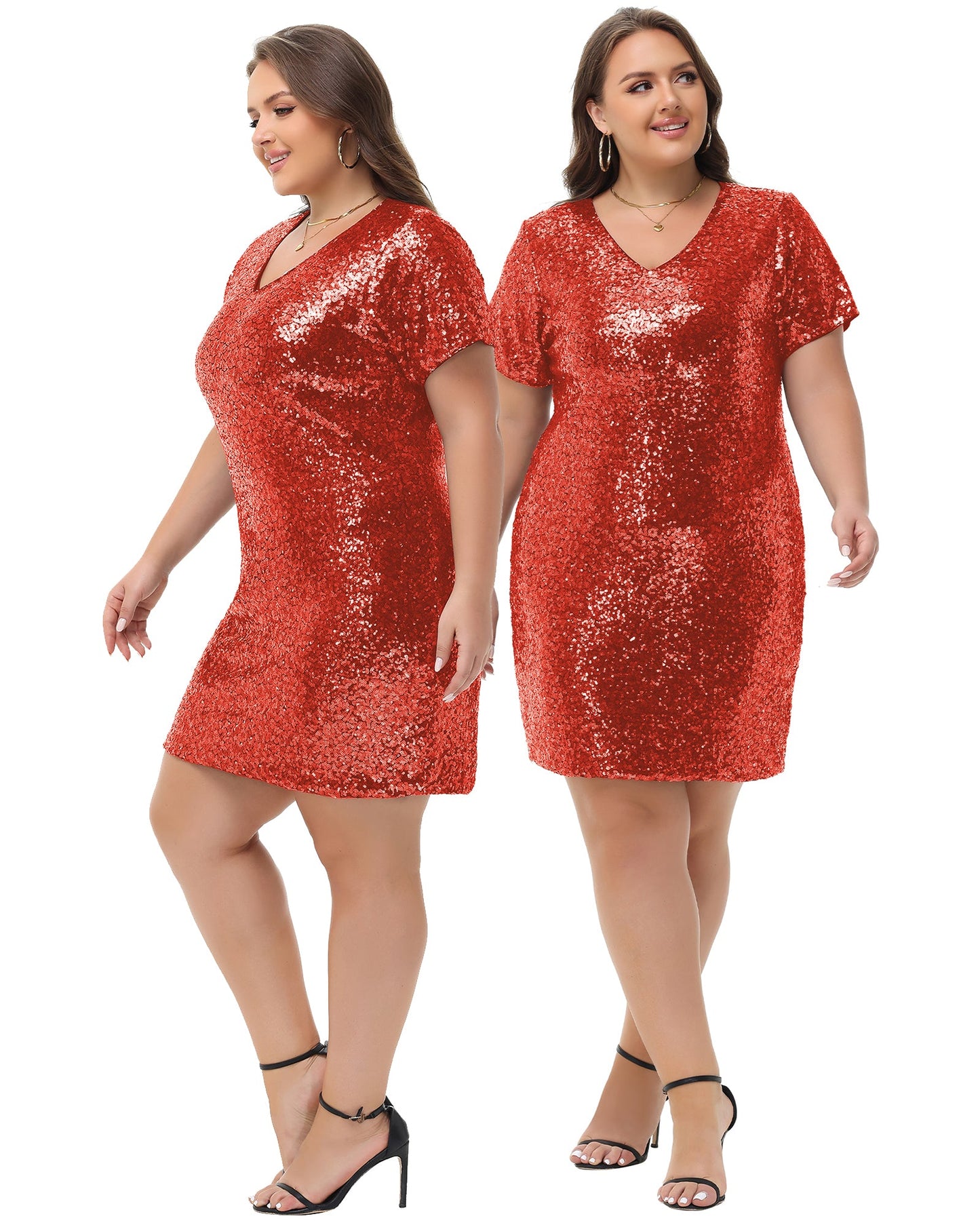 Anna-Kaci Women's Plus Size Short Sleeve Sequin Dresses V Neck T Shirt Shift Sparkle Dress