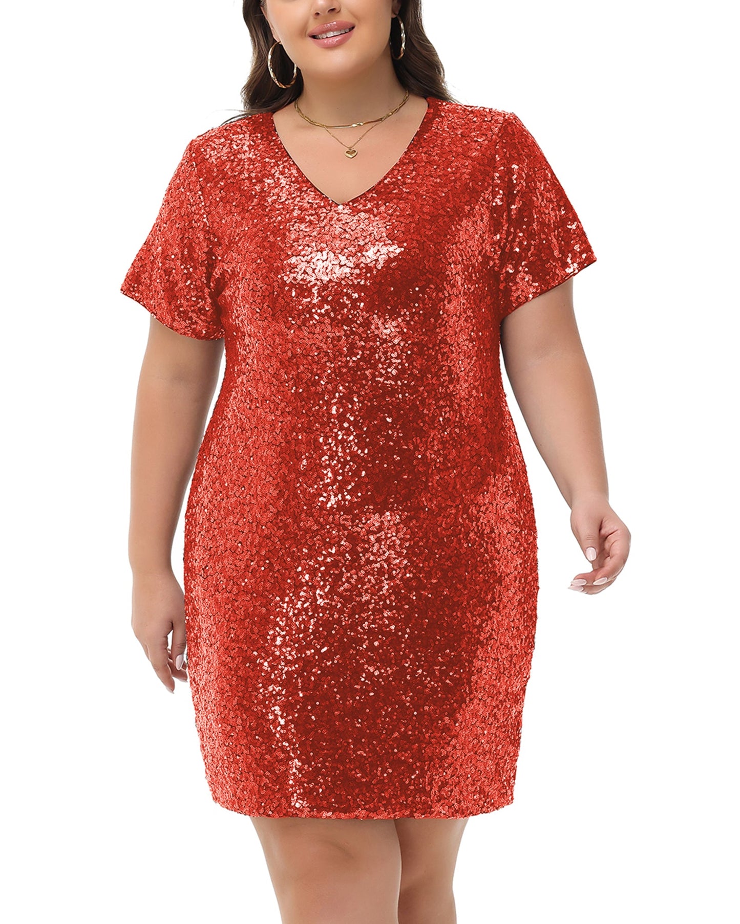 Anna-Kaci Women's Plus Size Short Sleeve Sequin Dresses V Neck T Shirt Shift Sparkle Dress