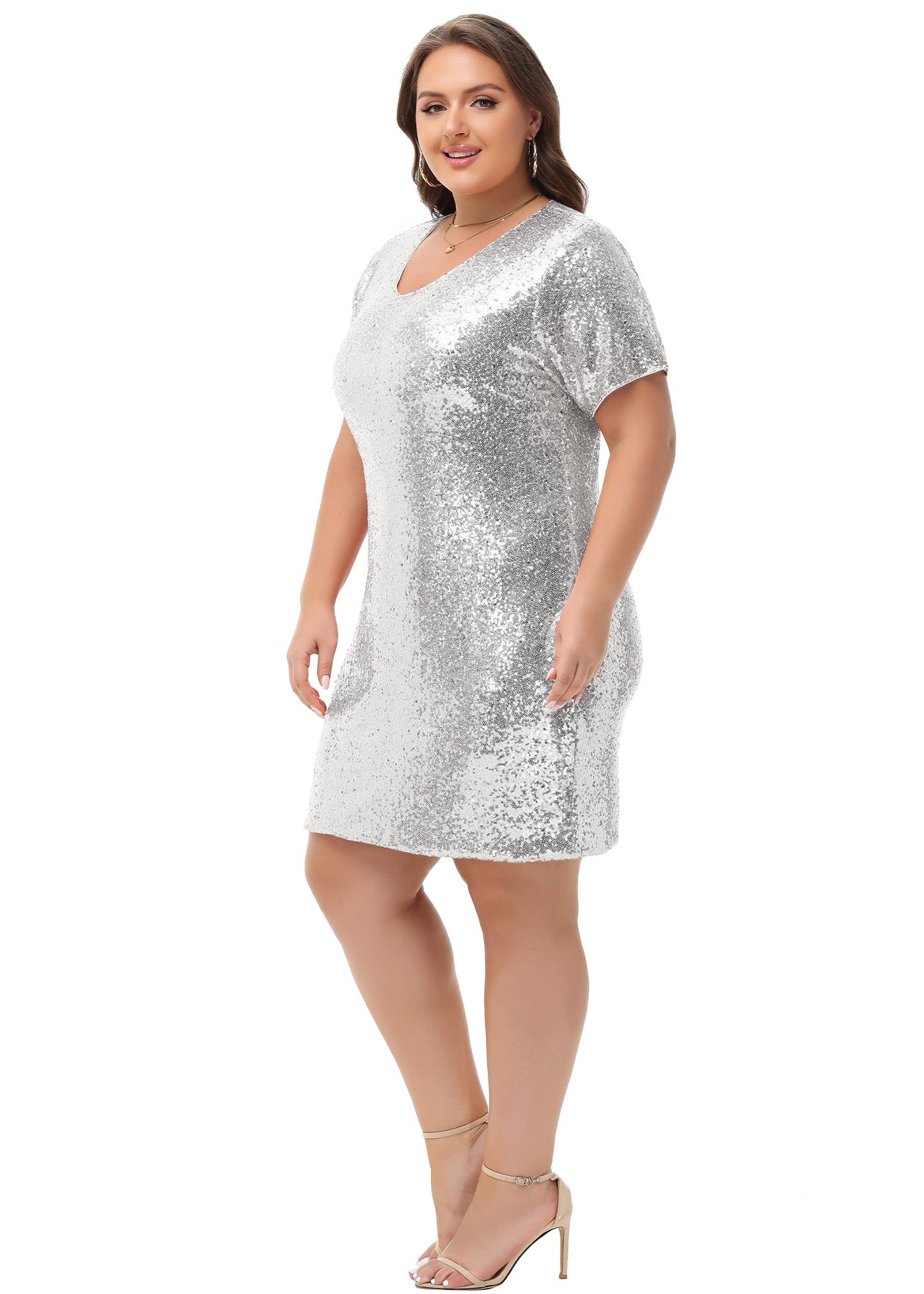 Anna-Kaci Women's Plus Size Short Sleeve Sequin Dresses V Neck T Shirt Shift Sparkle Dress