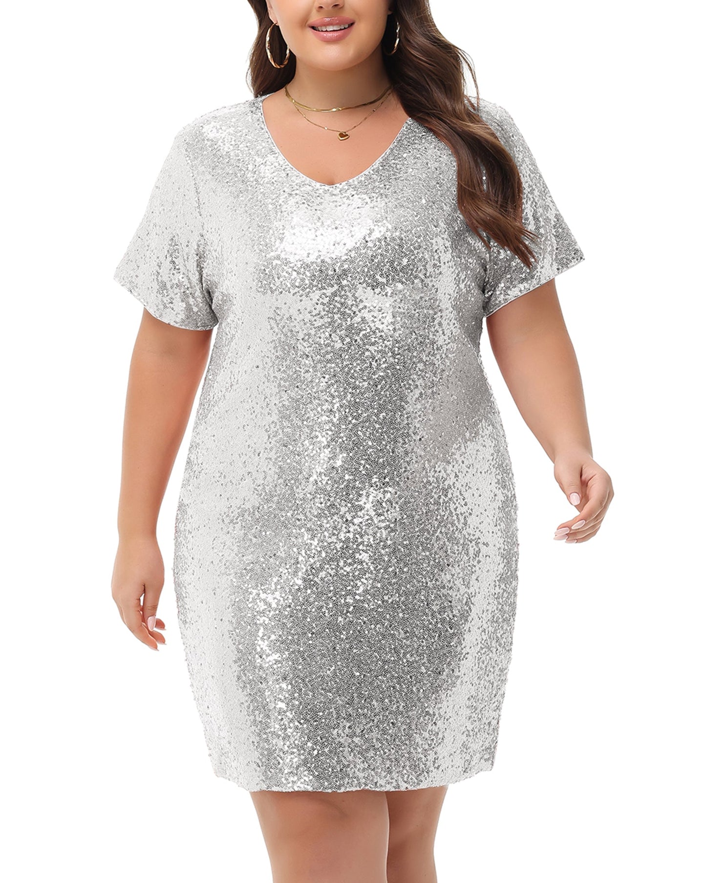 Anna-Kaci Women's Plus Size Short Sleeve Sequin Dresses V Neck T Shirt Shift Sparkle Dress