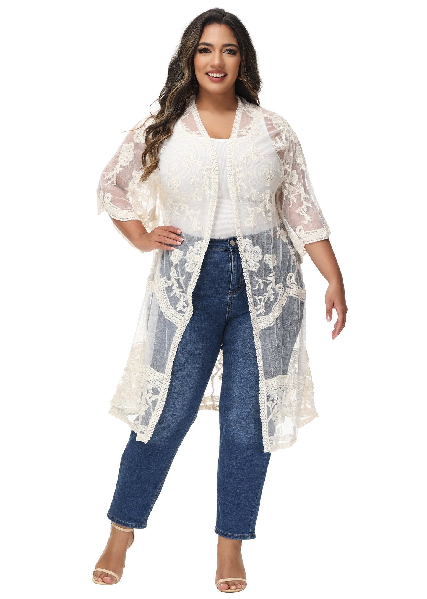 Anna-Kaci Women's Plus Size Lace Cardigan Open Front Floral Crochet Beach Swimsuit Cover Ups Long Kimono