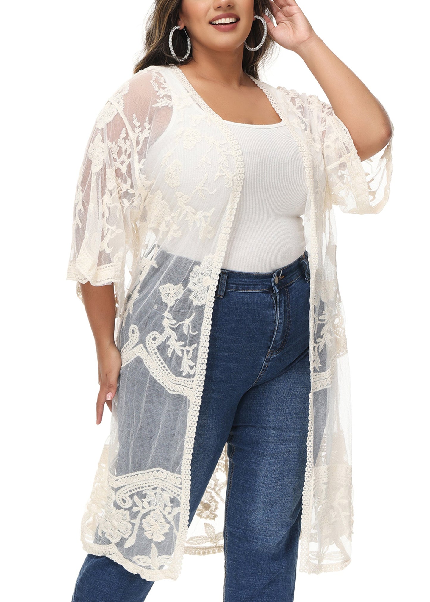 Anna-Kaci Women's Plus Size Lace Cardigan Open Front Floral Crochet Beach Swimsuit Cover Ups Long Kimono