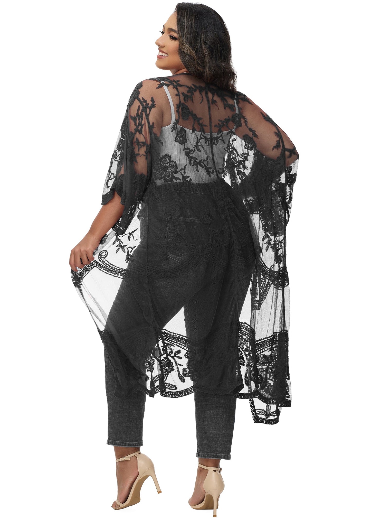 Anna-Kaci Women's Plus Size Lace Cardigan Open Front Floral Crochet Beach Swimsuit Cover Ups Long Kimono