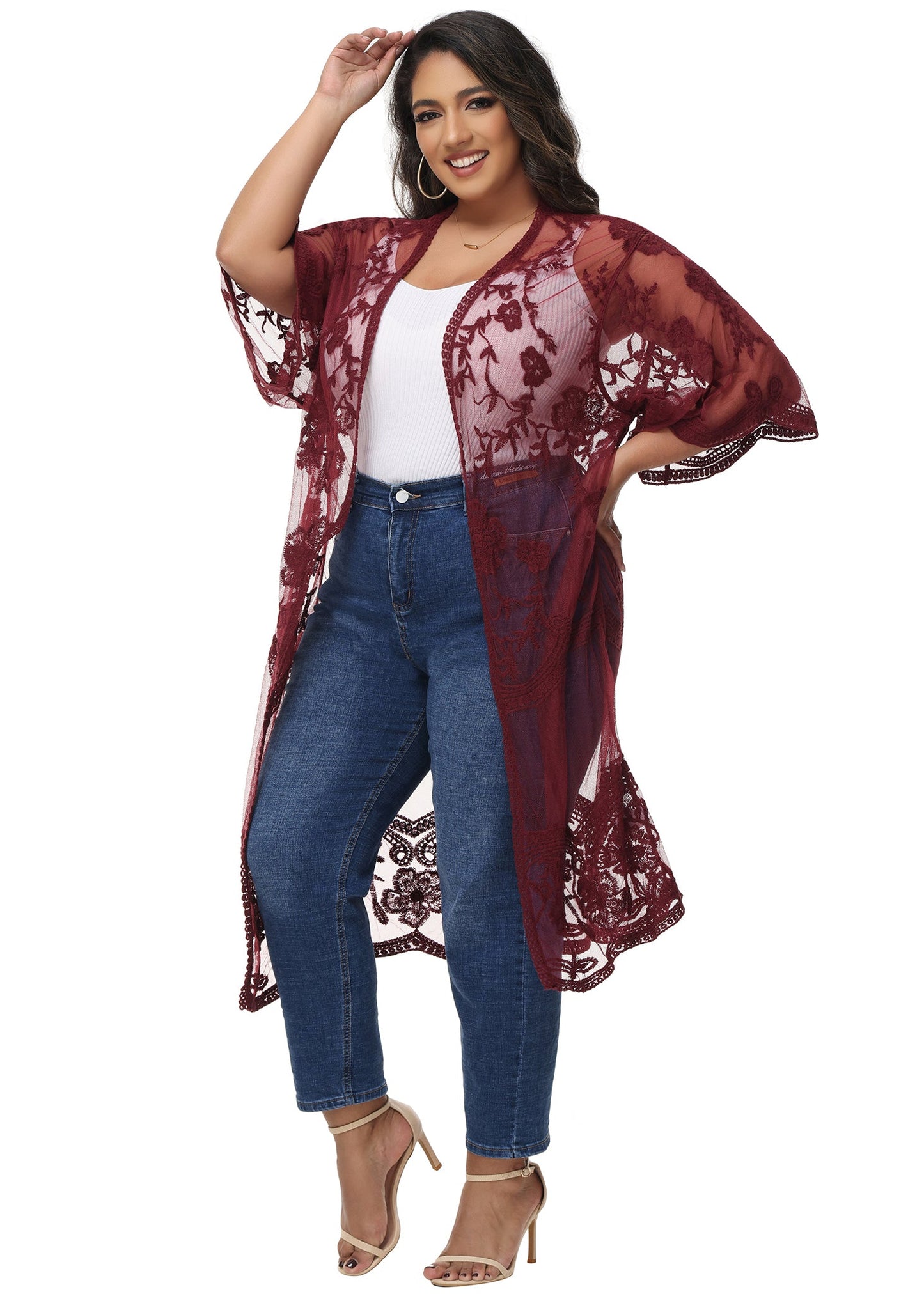 Anna-Kaci Women's Plus Size Lace Cardigan Open Front Floral Crochet Beach Swimsuit Cover Ups Long Kimono