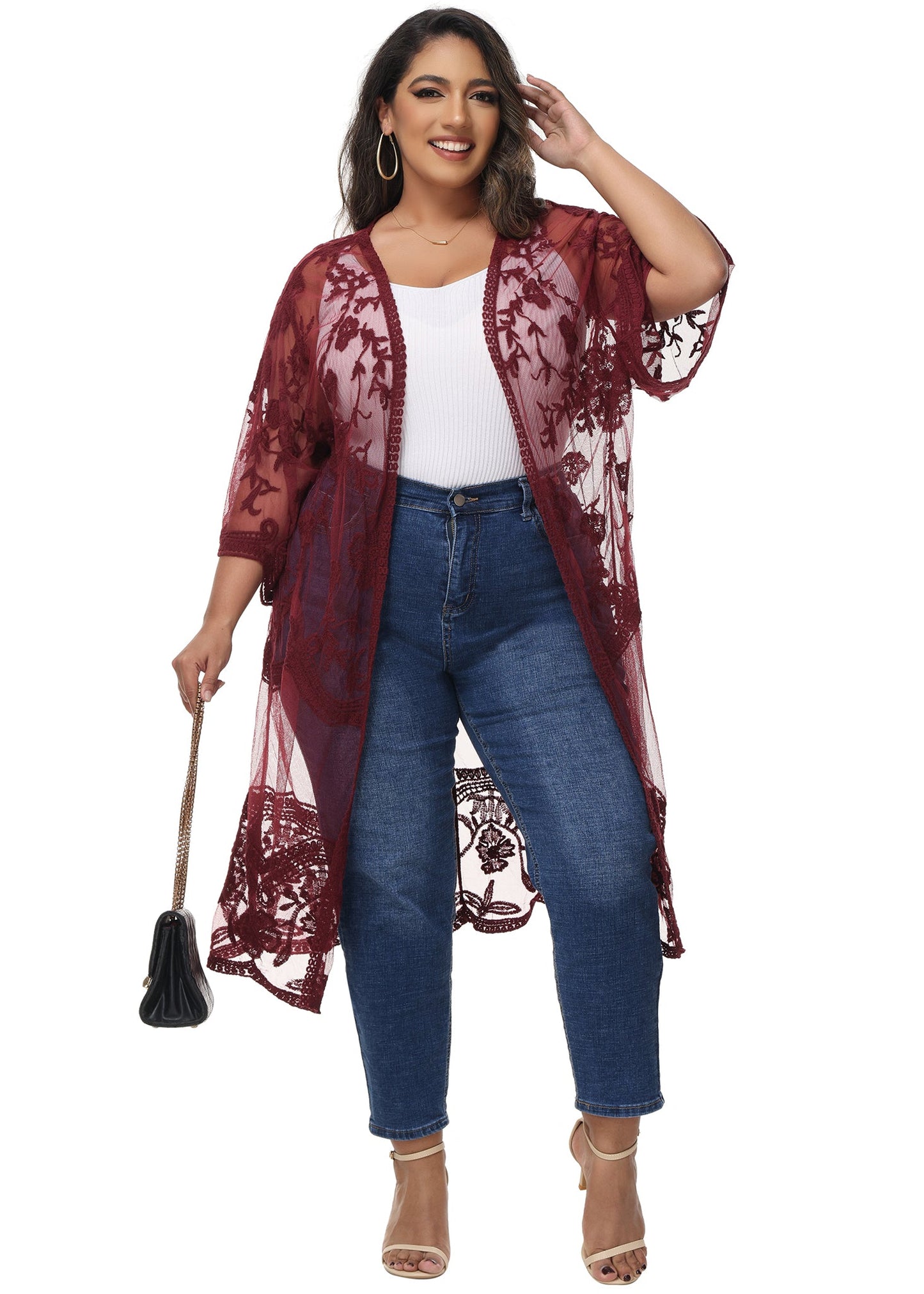 Anna-Kaci Women's Plus Size Lace Cardigan Open Front Floral Crochet Beach Swimsuit Cover Ups Long Kimono