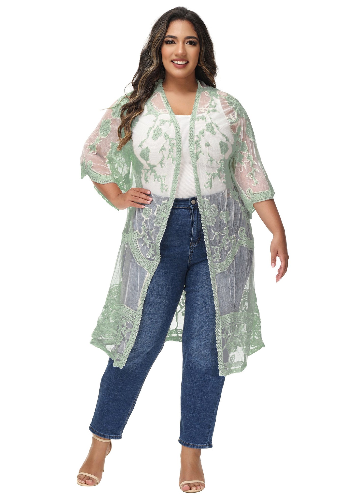 Anna-Kaci Women's Plus Size Lace Cardigan Open Front Floral Crochet Beach Swimsuit Cover Ups Long Kimono