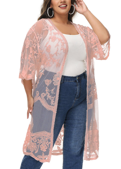 Anna-Kaci Women's Plus Size Lace Cardigan Open Front Floral Crochet Beach Swimsuit Cover Ups Long Kimono