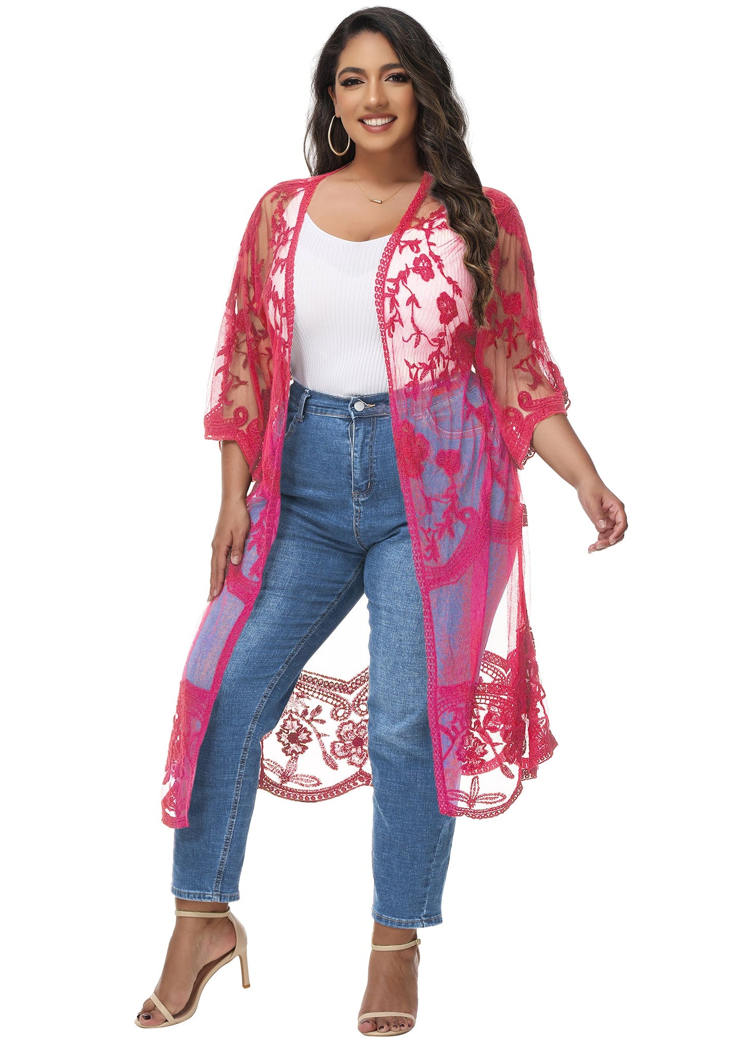 Anna-Kaci Women's Plus Size Lace Cardigan Open Front Floral Crochet Beach Swimsuit Cover Ups Long Kimono