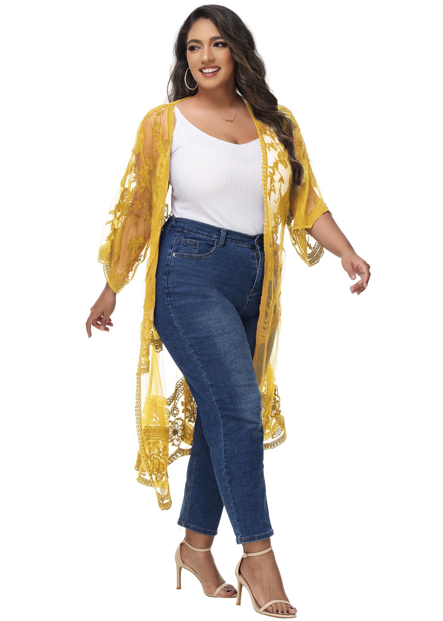 Anna-Kaci Women's Plus Size Lace Cardigan Open Front Floral Crochet Beach Swimsuit Cover Ups Long Kimono