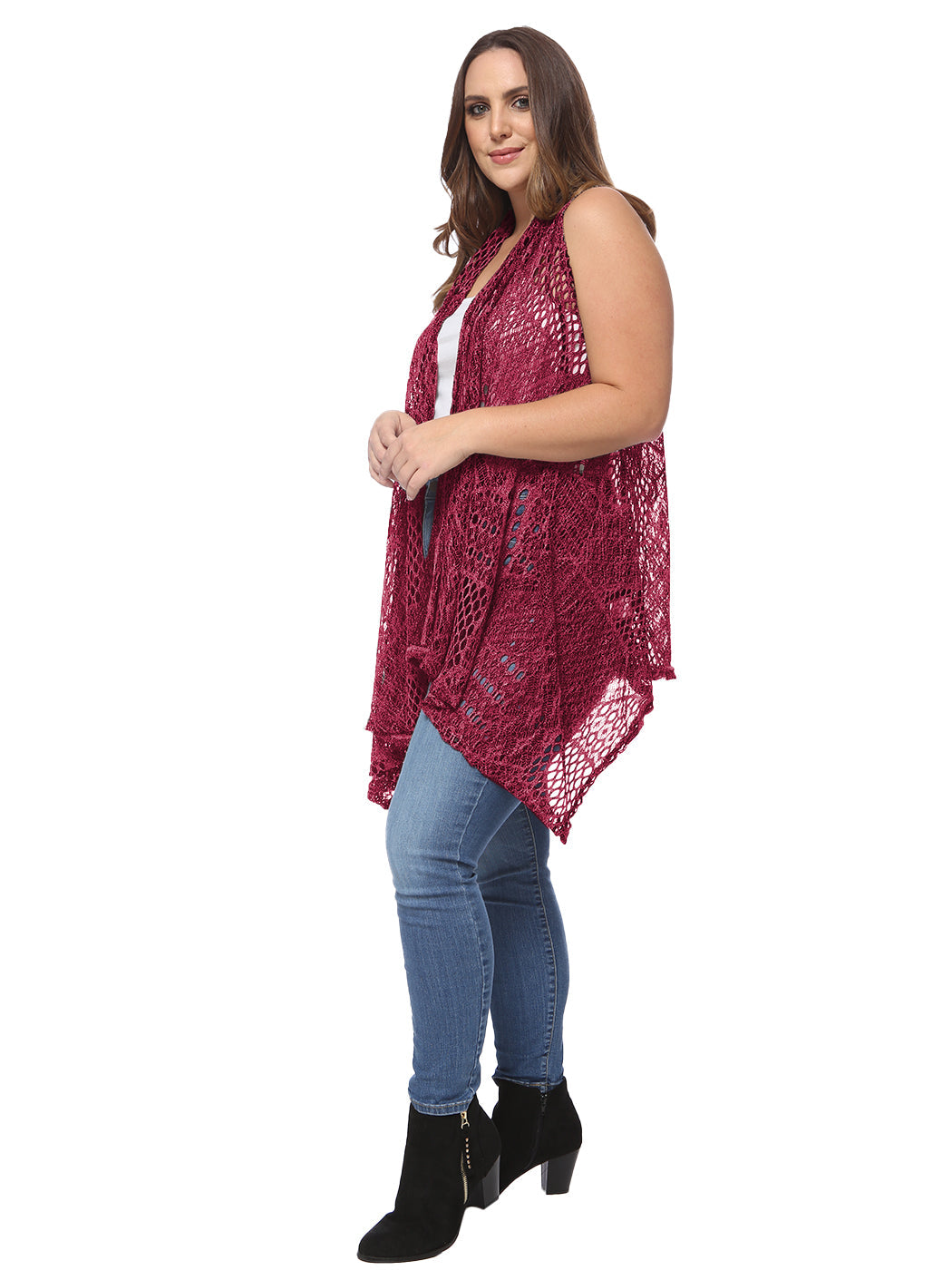 Anna-Kaci Women's Plus Size Boho Open Front Crochet Cover Up Sleeveless Shawl Cardigan Vest, Burgundy