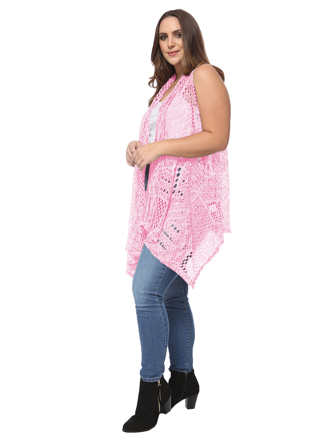 Anna-Kaci Women's Plus Size Boho Open Front Crochet Cover Up Sleeveless Shawl Cardigan Vest, Pink