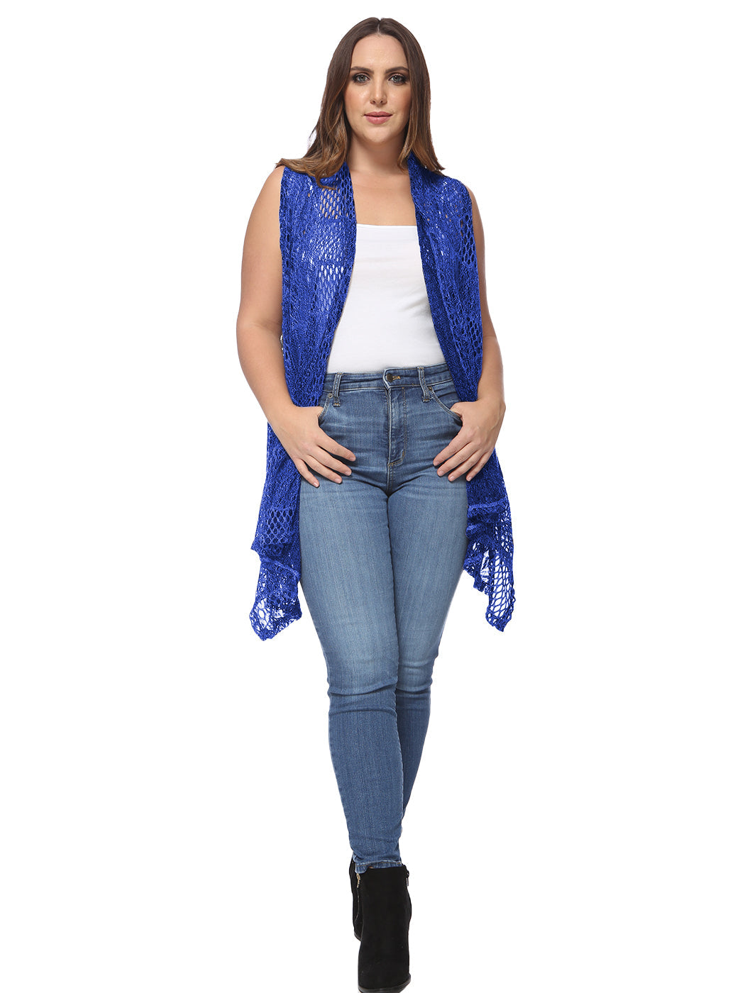 Anna-Kaci Women's Plus Size Boho Open Front Crochet Cover Up Sleeveless Shawl Cardigan Vest, Royal Blue