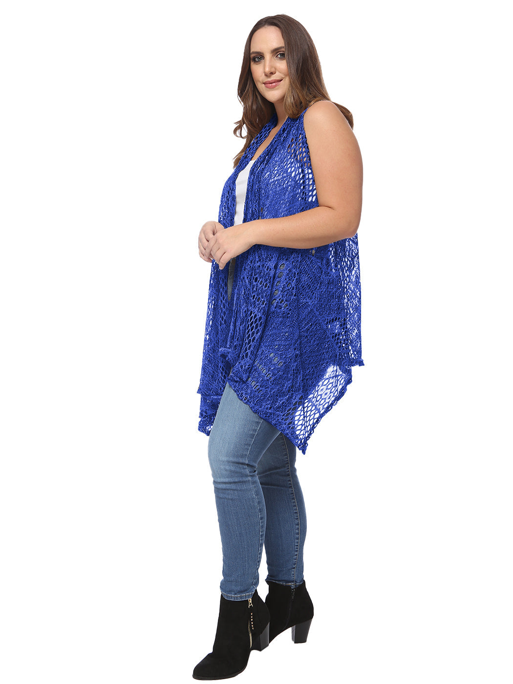 Anna-Kaci Women's Plus Size Boho Open Front Crochet Cover Up Sleeveless Shawl Cardigan Vest, Royal Blue