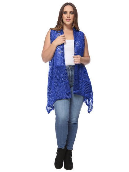 Anna-Kaci Women's Plus Size Boho Open Front Crochet Cover Up Sleeveless Shawl Cardigan Vest, Royal Blue