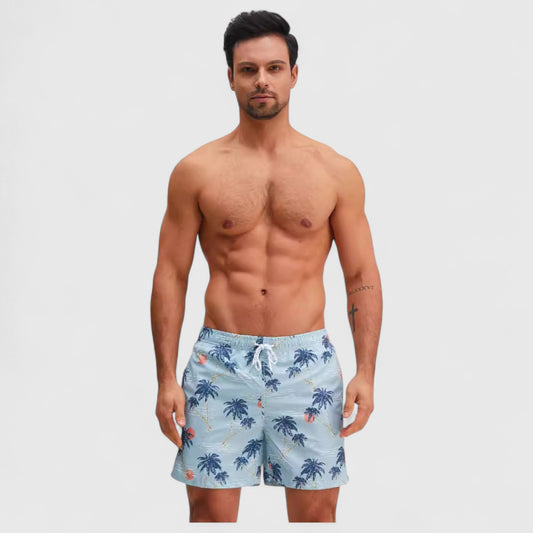 Men's Drawstring Elastic Waist Swim Trunks with Palm Tree Print and Mesh Lining