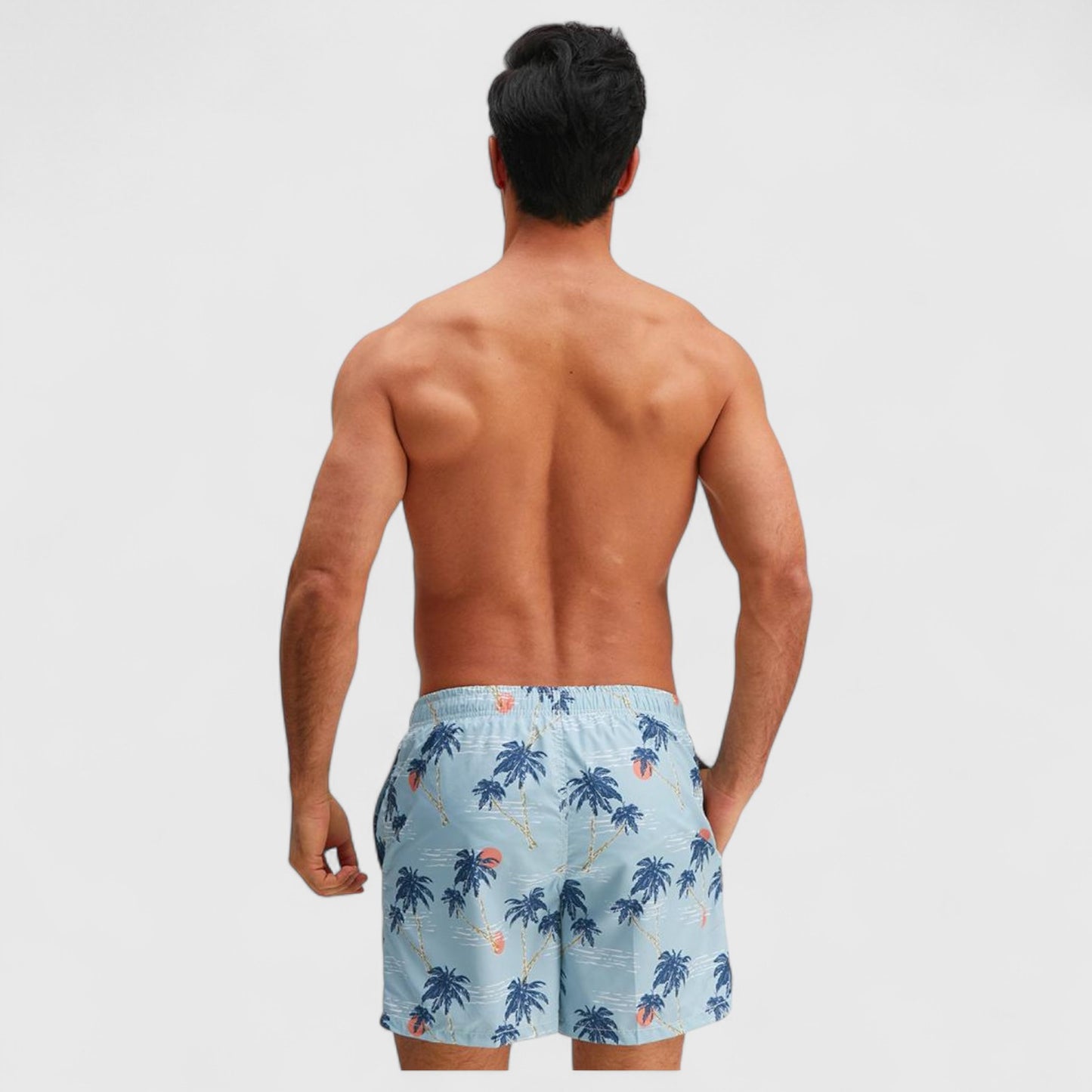 Men's Drawstring Elastic Waist Swim Trunks with Palm Tree Print and Mesh Lining