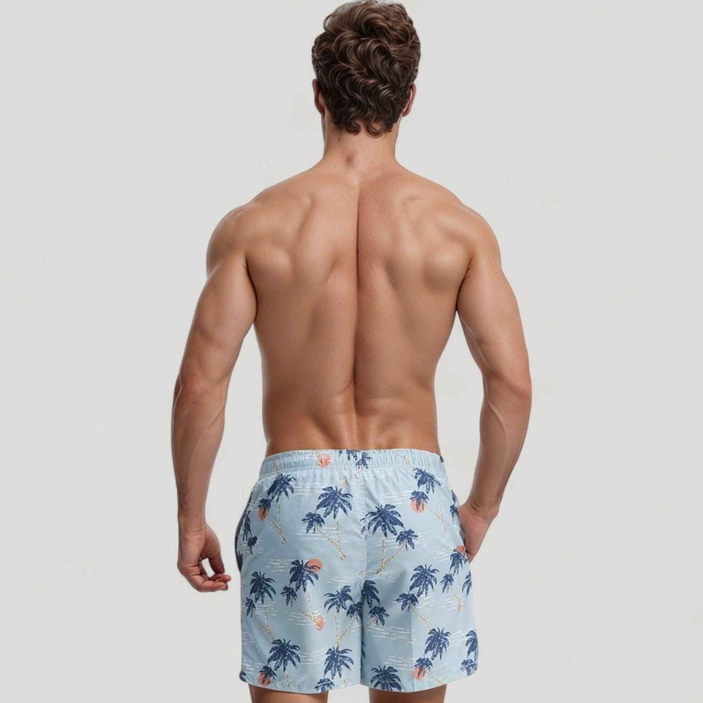 Men's Quick-Dry Swim Trunks with Tropical Palm Tree Print and Elastic Drawstring Waist for Beach and Pool Comfort