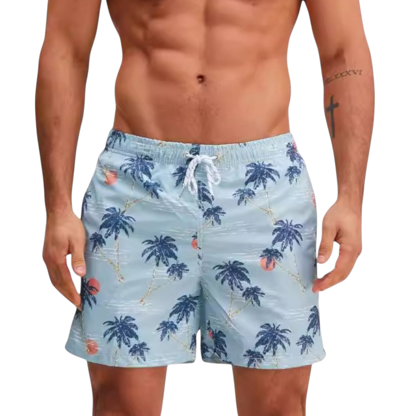 Men's Drawstring Elastic Waist Swim Trunks with Palm Tree Print and Mesh Lining