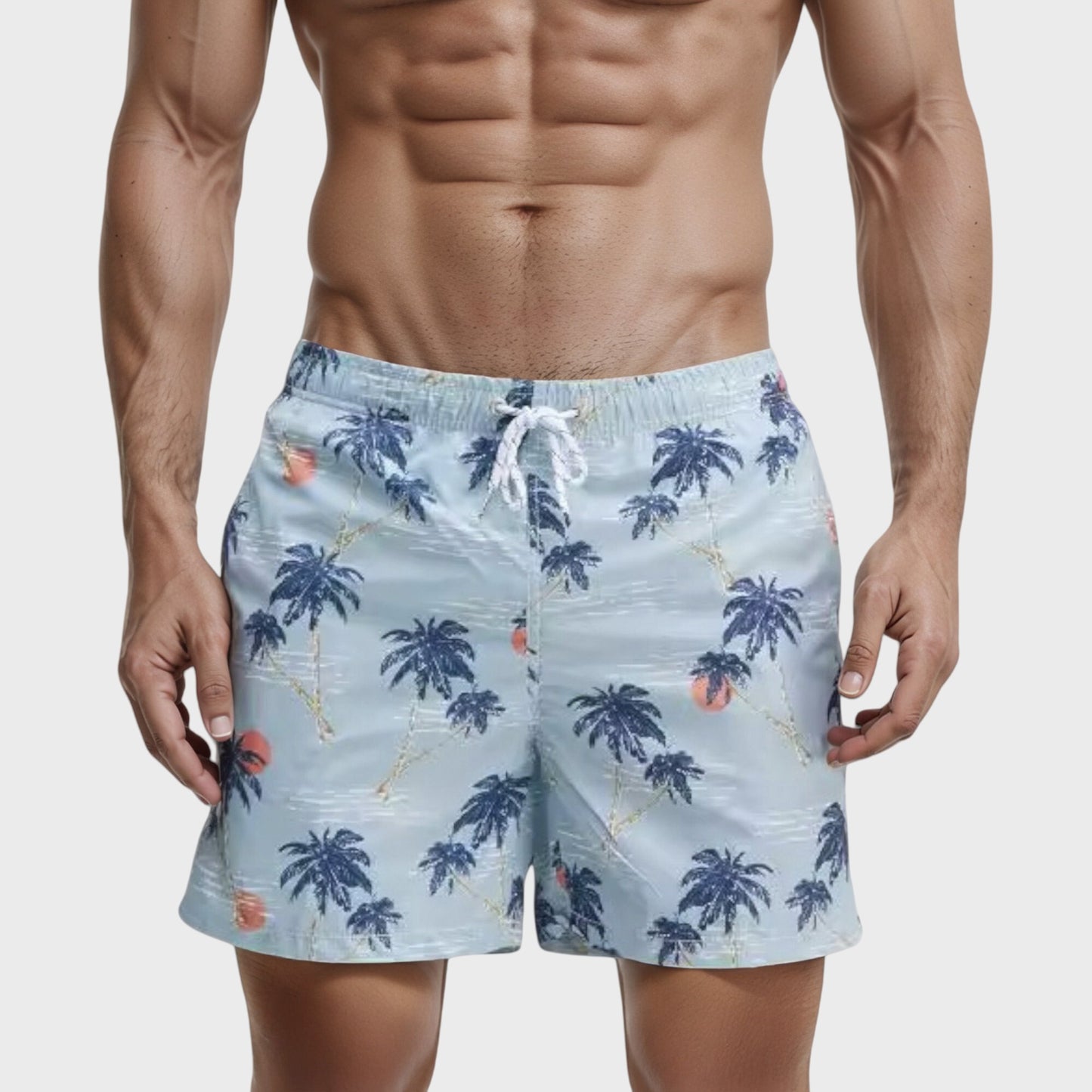 Men's Quick-Dry Swim Trunks with Tropical Palm Tree Print and Elastic Drawstring Waist for Beach and Pool Comfort