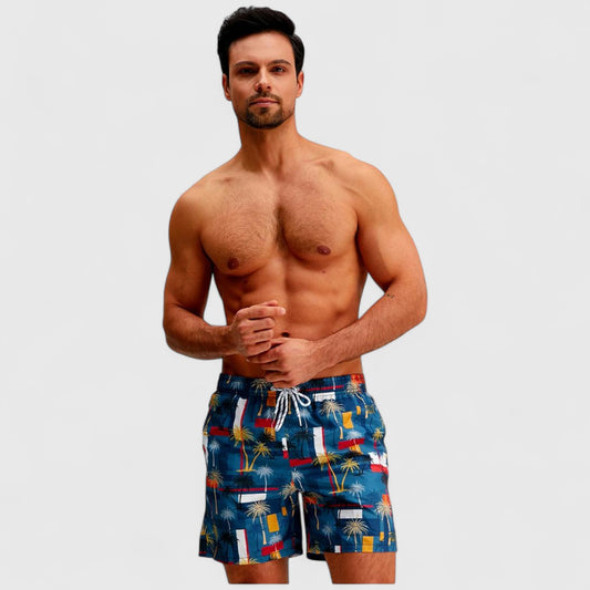 Men's Elastic Waist Swim Trunks with Colorblock Palm Tree Print and Adjustable Drawstring