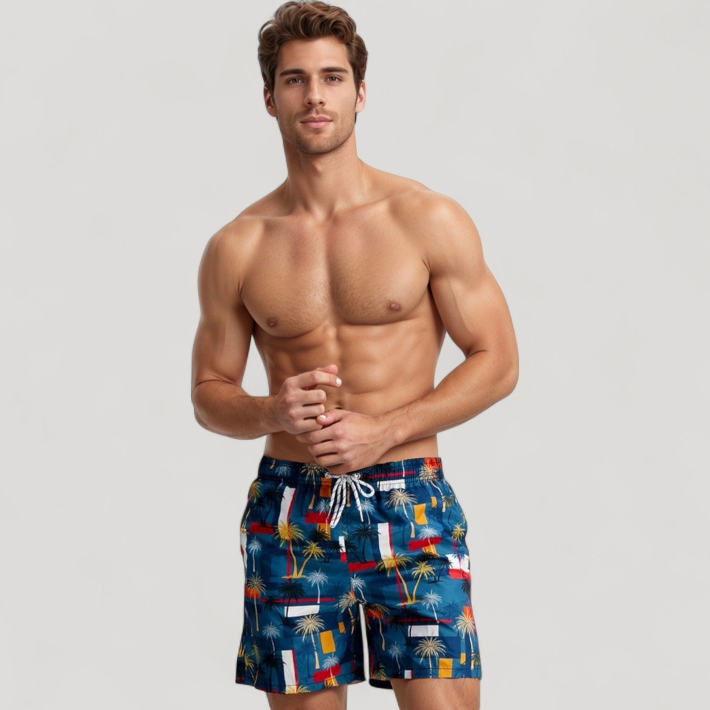 Men's Geometric Palm Tree Swim Trunks with Quick-Dry Fabric and Adjustable Drawstring Waist for Bold Summer Style