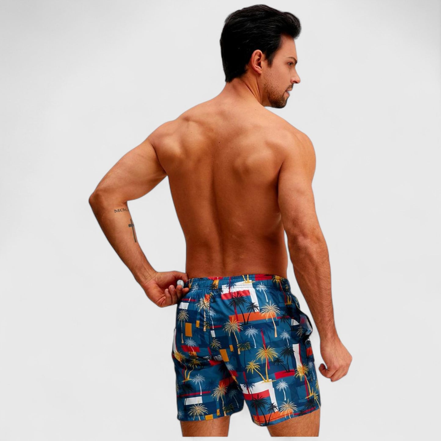 Men's Elastic Waist Swim Trunks with Colorblock Palm Tree Print and Adjustable Drawstring