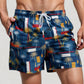 Men's Geometric Palm Tree Swim Trunks with Quick-Dry Fabric and Adjustable Drawstring Waist for Bold Summer Style