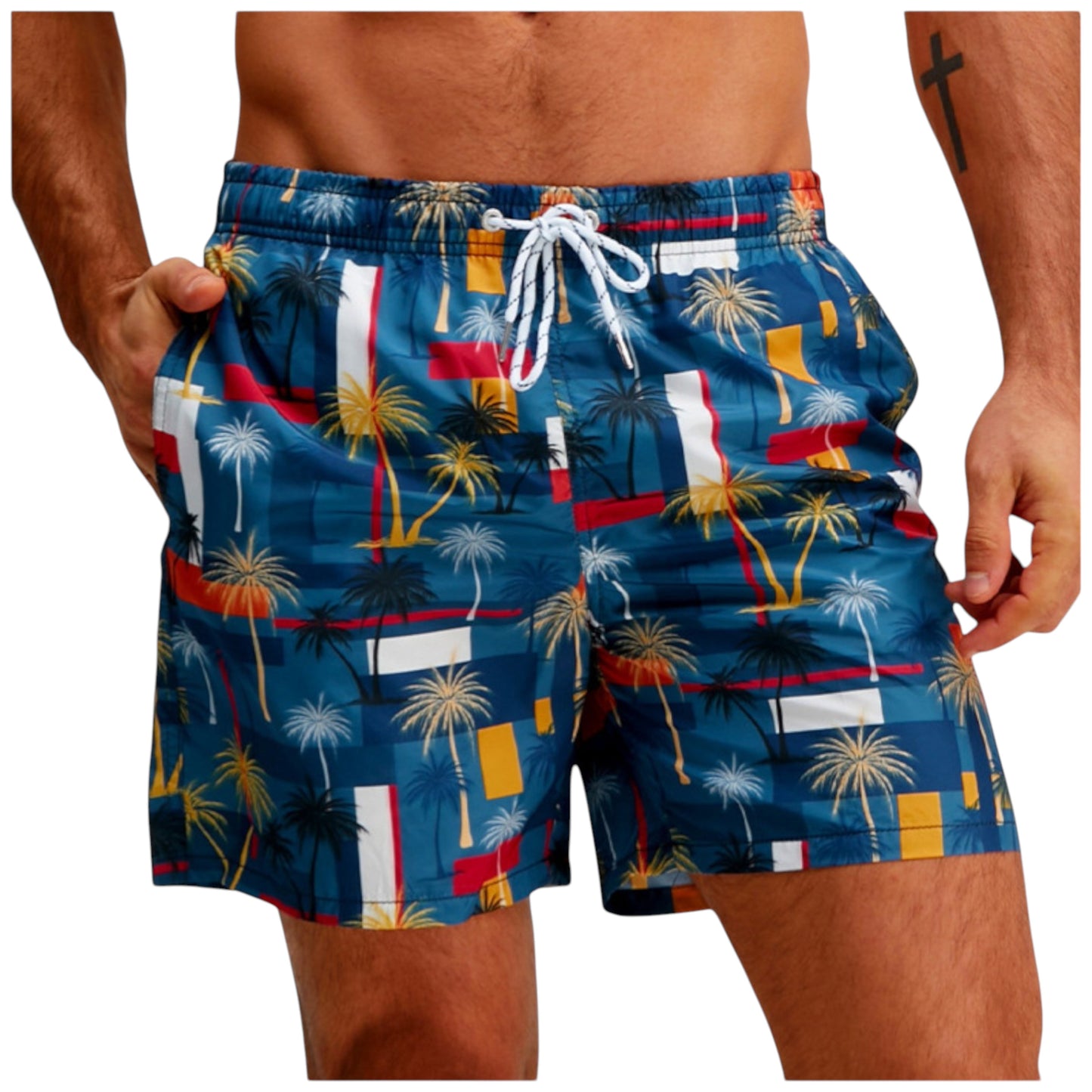 Men's Elastic Waist Swim Trunks with Colorblock Palm Tree Print and Adjustable Drawstring